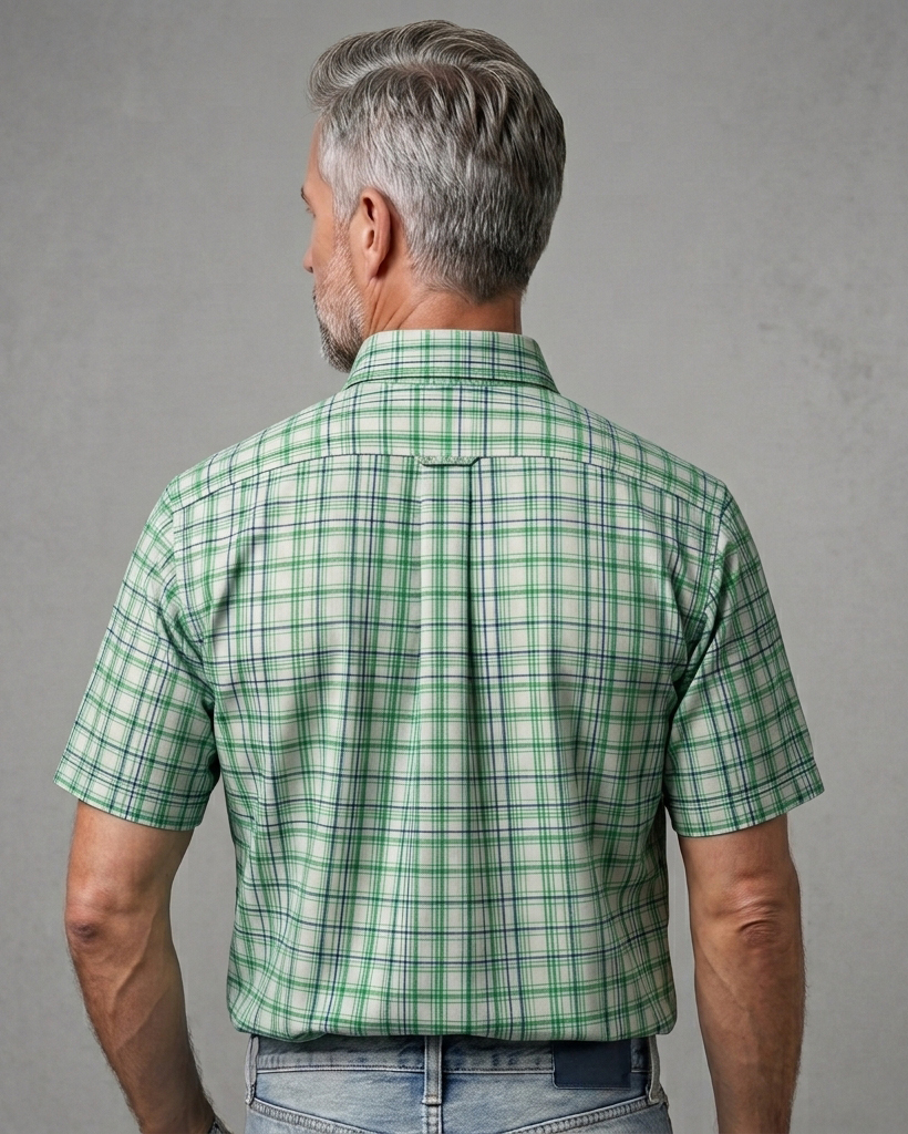 Men's Green Navy White Regular Fit British Style Multi-line Gingham Print Short Sleeve Button-down Shirt