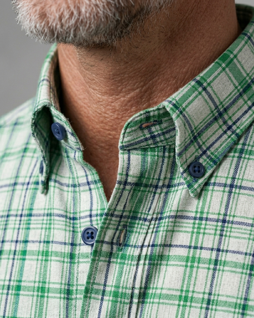 Men's Green Navy White Regular Fit British Style Multi-line Gingham Print Short Sleeve Button-down Shirt