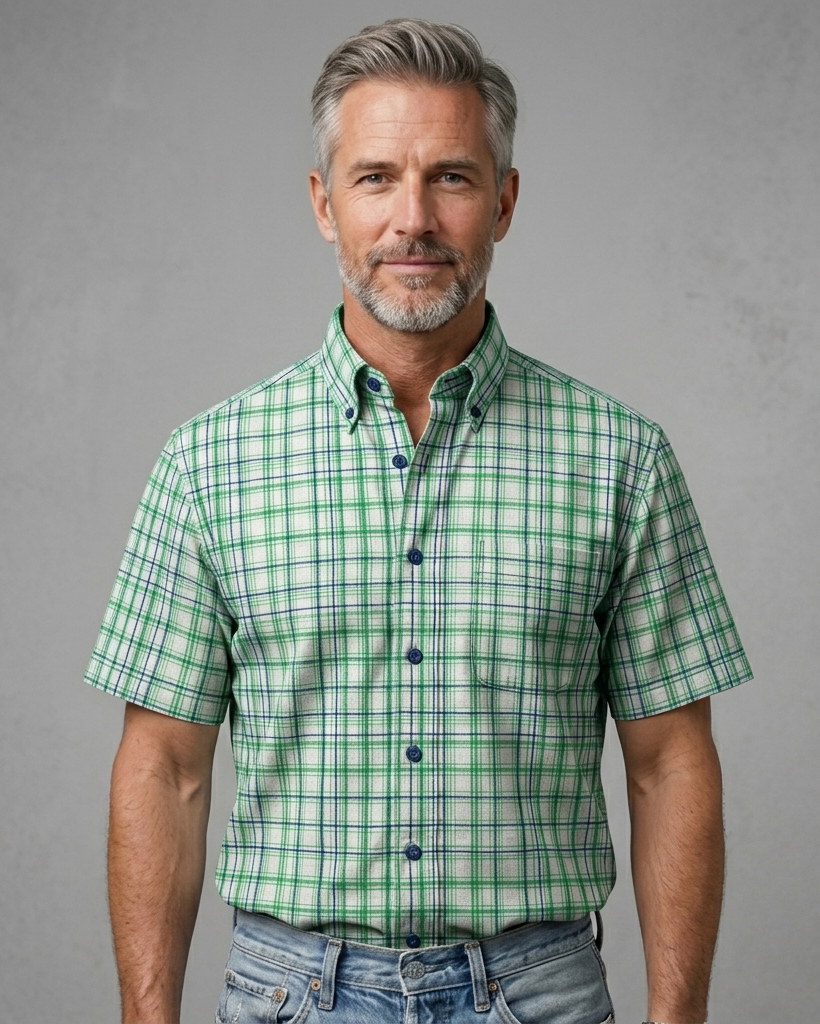 Men's Green Navy White Regular Fit British Style Multi-line Gingham Print Short Sleeve Button-down Shirt