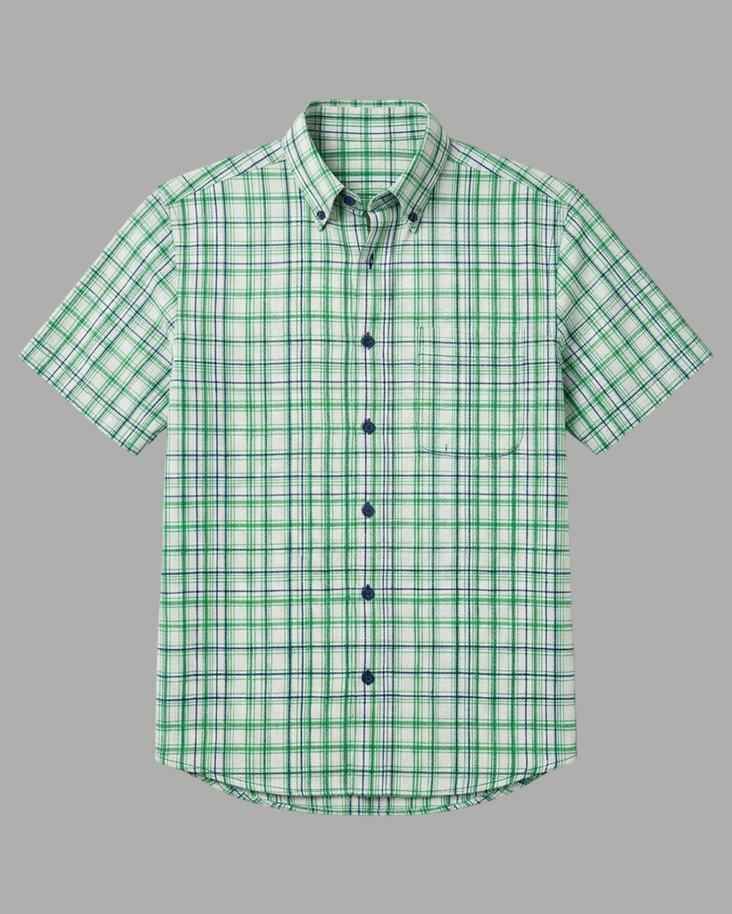 Men's Green Navy White Regular Fit British Style Multi-line Gingham Print Short Sleeve Button-down Shirt