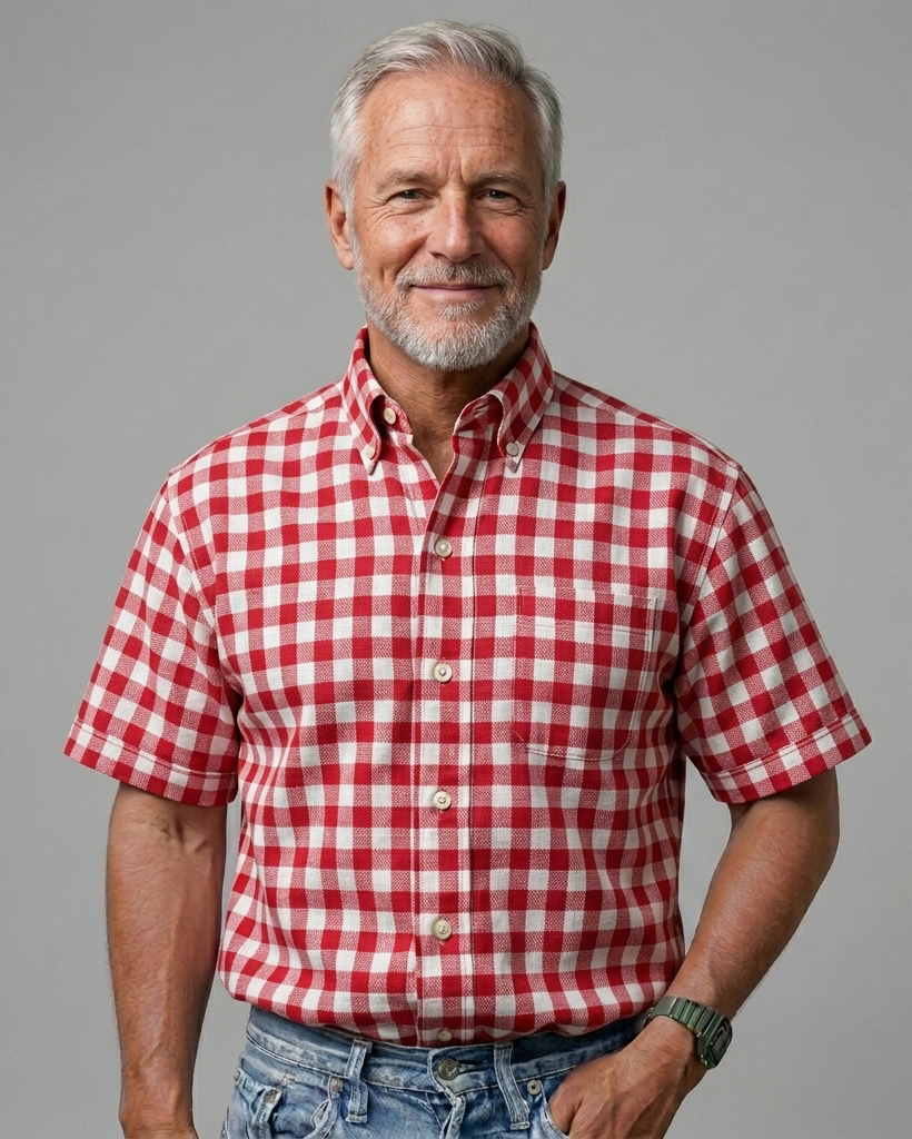 [Copy]Men's Green Navy White Regular Fit British Style Multi-line Gingham Print Short Sleeve Button-down Shirt