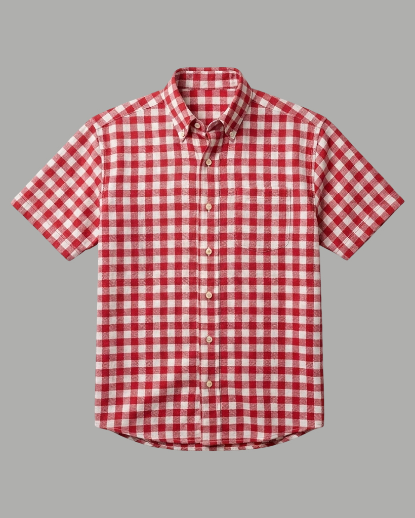 [Copy]Men's Green Navy White Regular Fit British Style Multi-line Gingham Print Short Sleeve Button-down Shirt