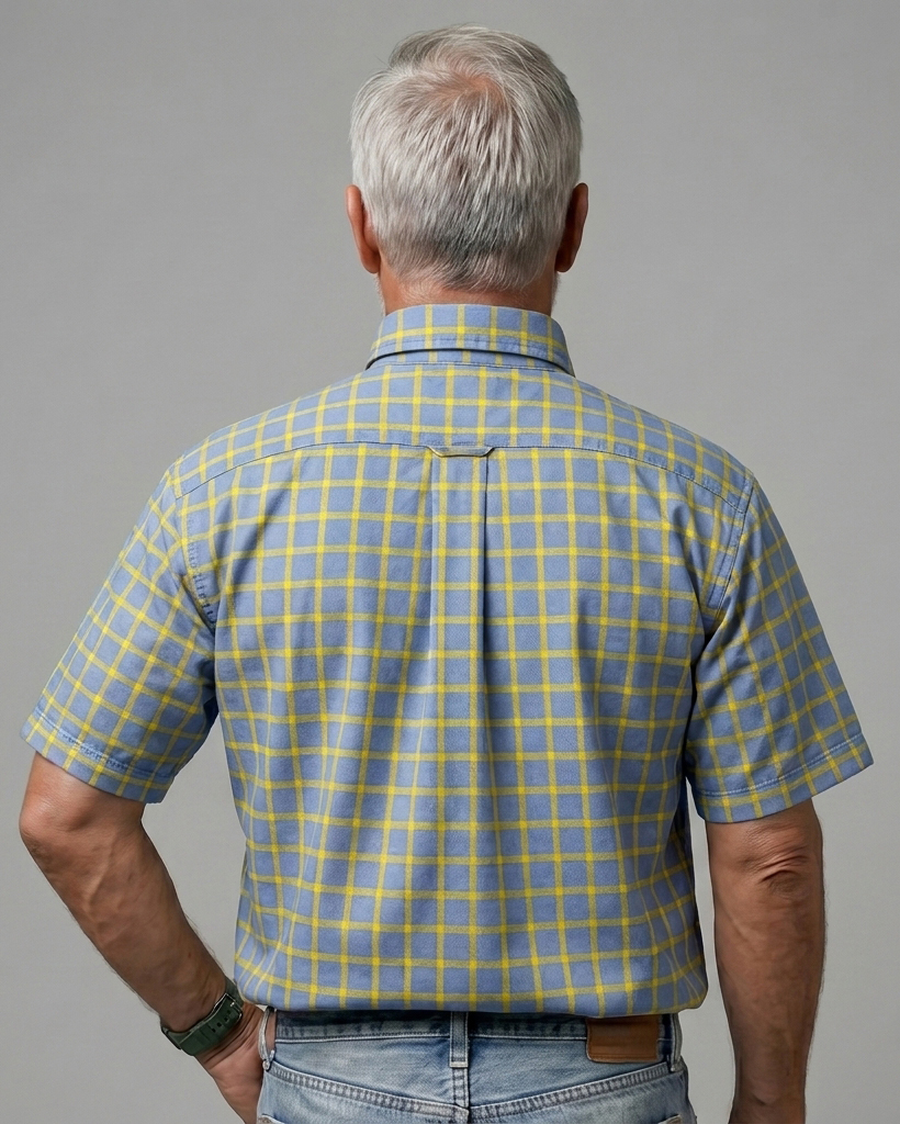 Men's Blue Yellow Loose Fit Casual Workwear Style Bold Plaid Print Short Sleeve Button-down Shirt