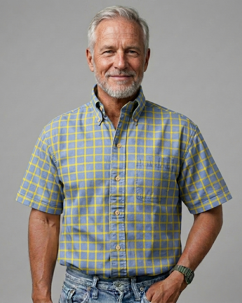 Men's Blue Yellow Loose Fit Casual Workwear Style Bold Plaid Print Short Sleeve Button-down Shirt