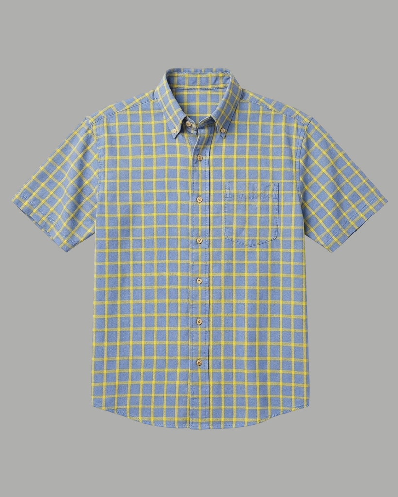 Men's Blue Yellow Loose Fit Casual Workwear Style Bold Plaid Print Short Sleeve Button-down Shirt