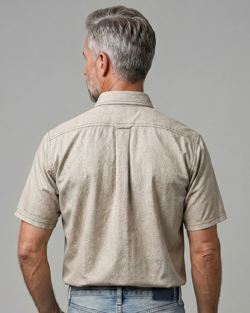 Men's Beige Brown Tailored Fit Minimalist Urban Style Fine Dobby Texture Print Short Sleeve Button-down Shirt
