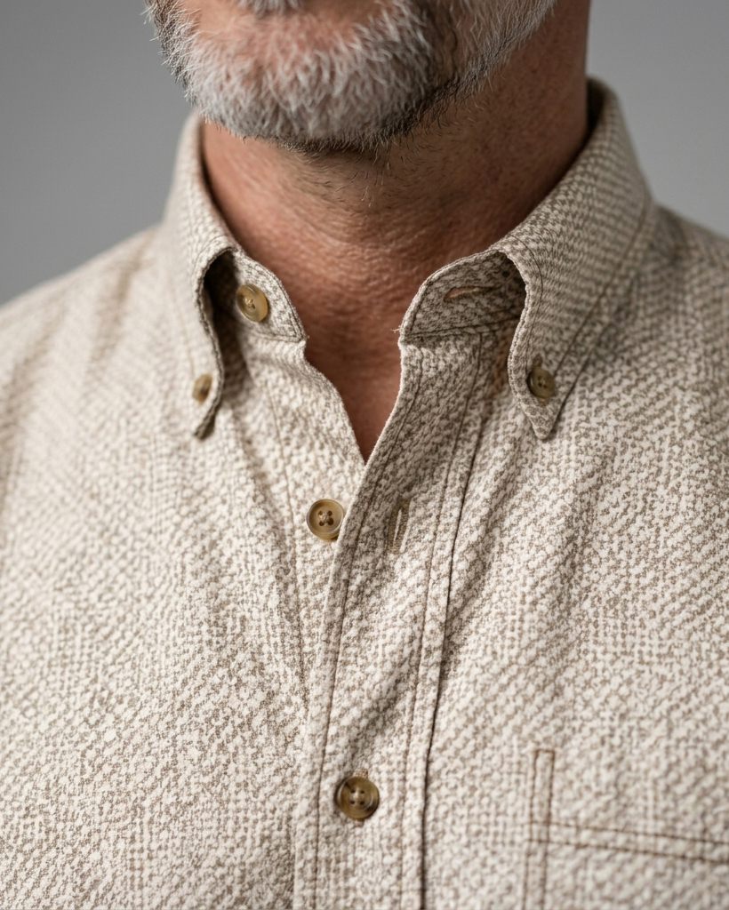 Men's Beige Brown Tailored Fit Minimalist Urban Style Fine Dobby Texture Print Short Sleeve Button-down Shirt