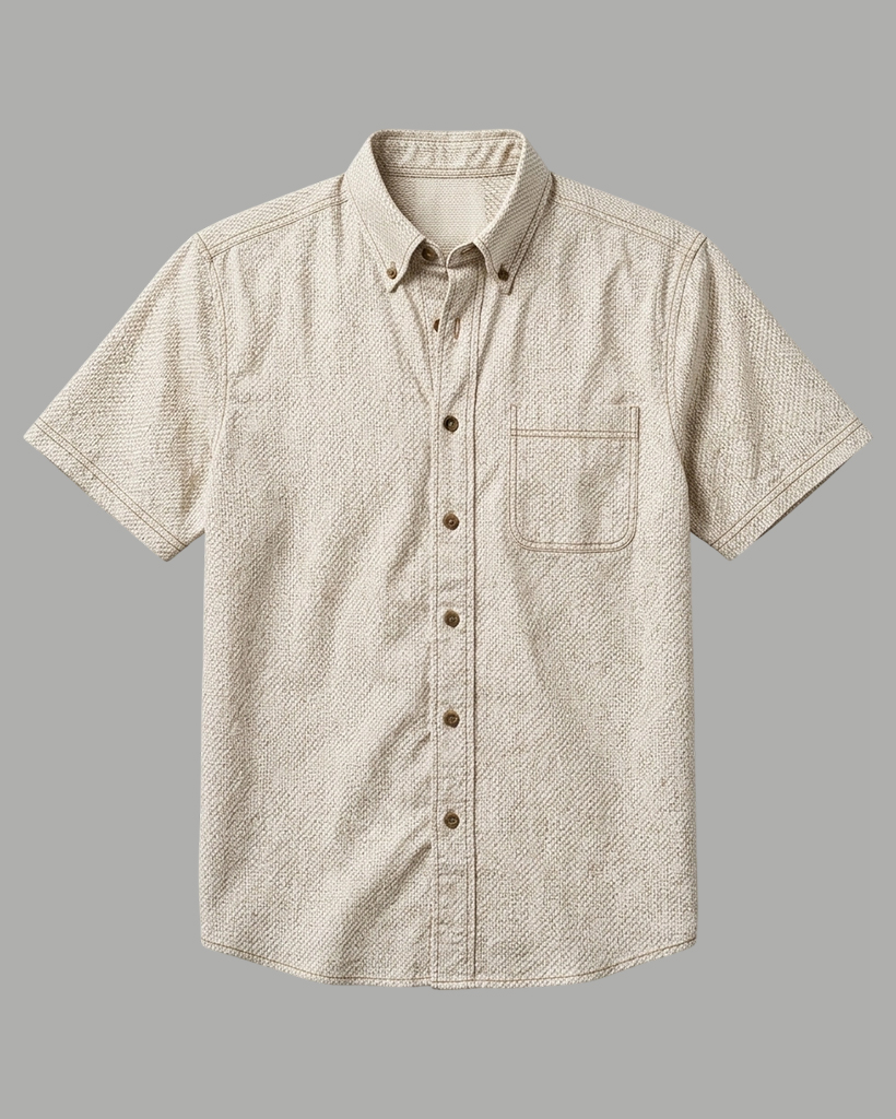 Men's Beige Brown Tailored Fit Minimalist Urban Style Fine Dobby Texture Print Short Sleeve Button-down Shirt