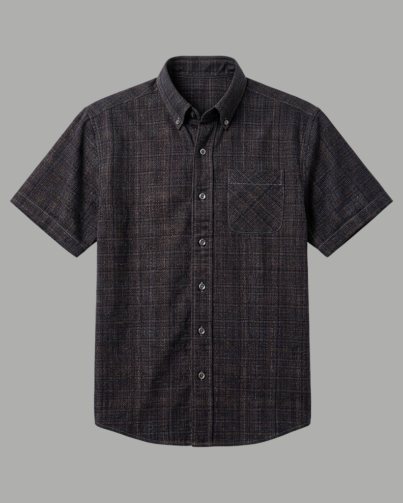 Men's Dark Brown Relaxed Fit Vintage Workwear Style Fine Woven Plaid Print Short Sleeve Button-down Shirt