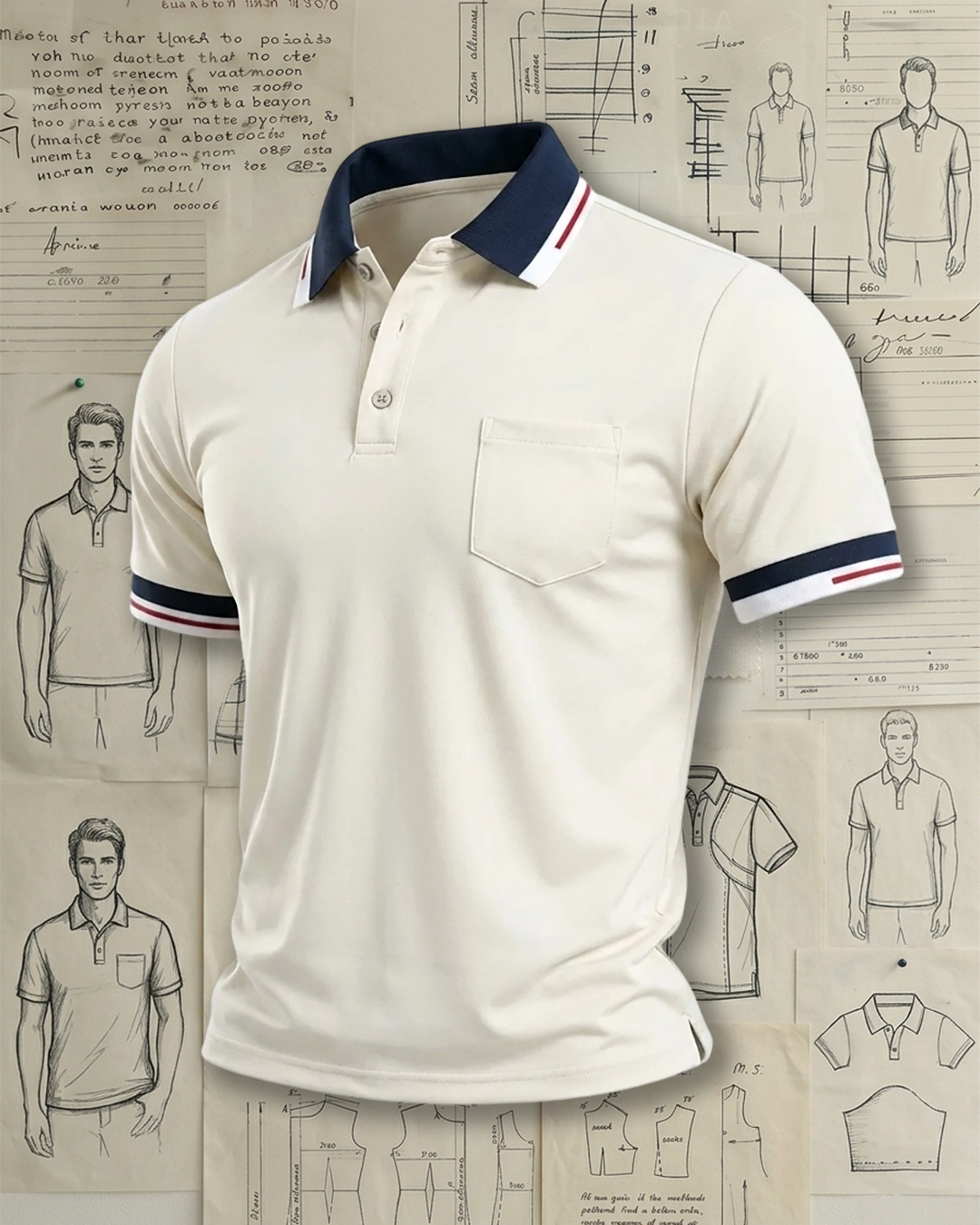 Men's Beige Navy-White Striped Trim Tailored Fit Old Money Style Chest Pocket Solid No Print Breathable Polo Shirt