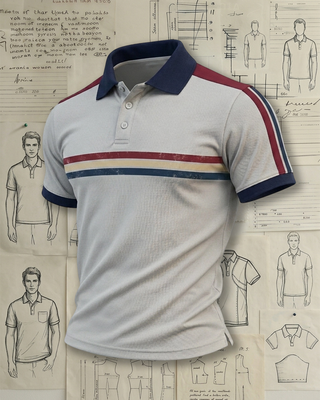 Men's Light Gray Retro Striped Slim Fit Vintage Street Style No Print Distressed Detail Breathable Polo Shirt
