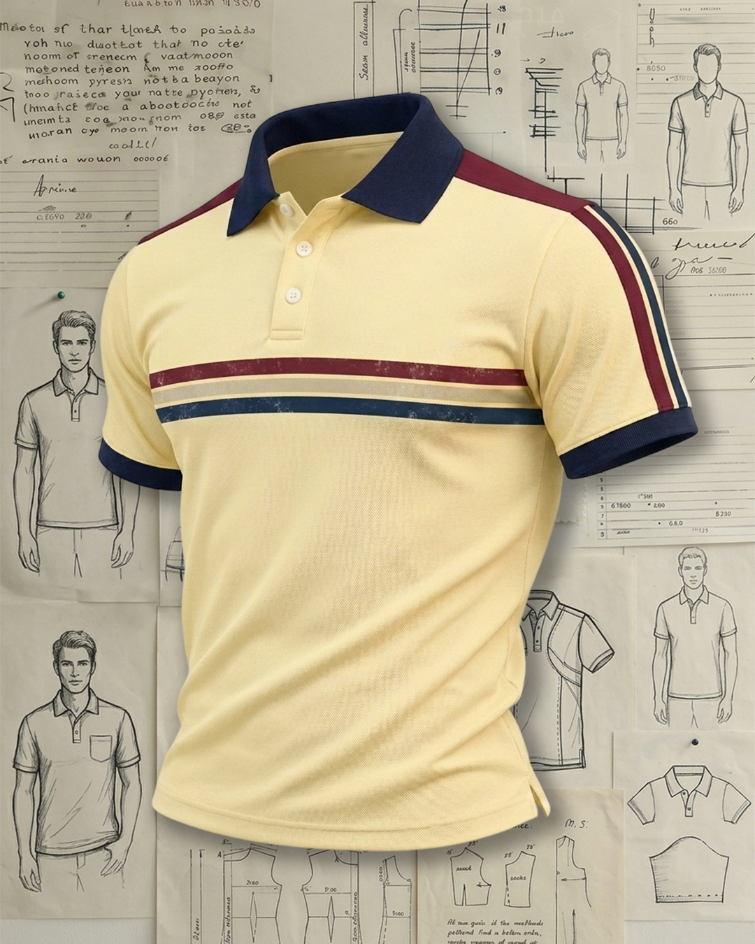 Men's Pale Yellow Retro Striped Slim Fit 80s Casual Style No Print Washed Detail Breathable Polo Shirt