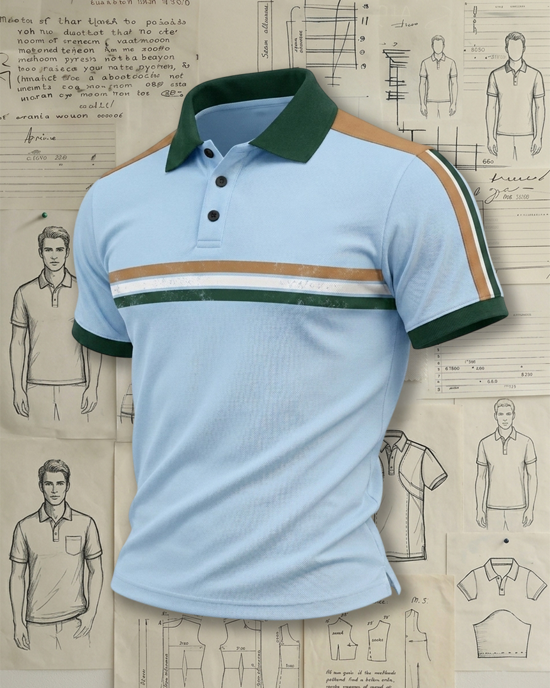 Men's Light Blue Retro Striped Regular Fit British Casual Style No Print Washed Detail Breathable Polo Shirt