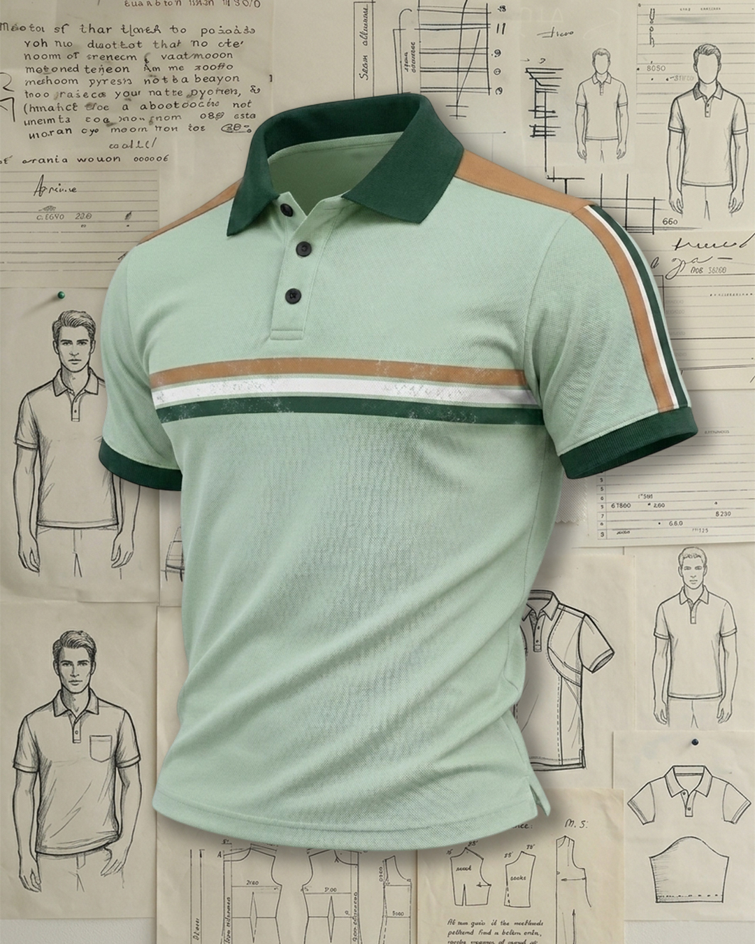 Men's Mint Green Retro Striped Slim Fit Casual Street Style No Print Washed Detail Breathable Polo Shirt