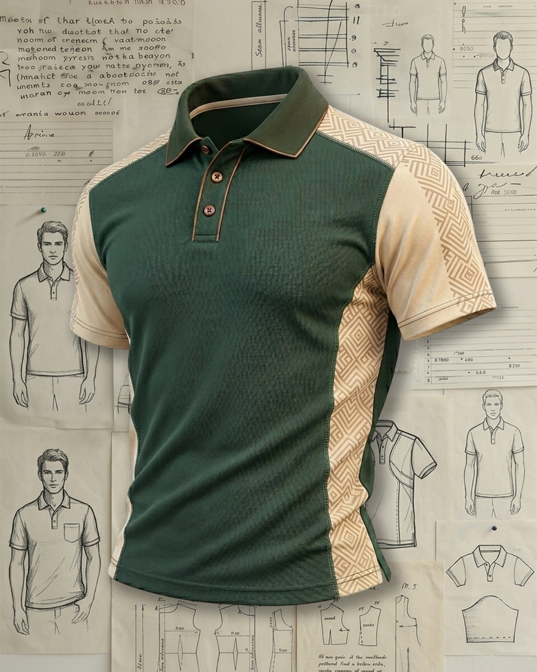 Men's Dark Green & Beige Geometric Print Slim Fit Retro Business Style Breathable Splicing Polo Shirt