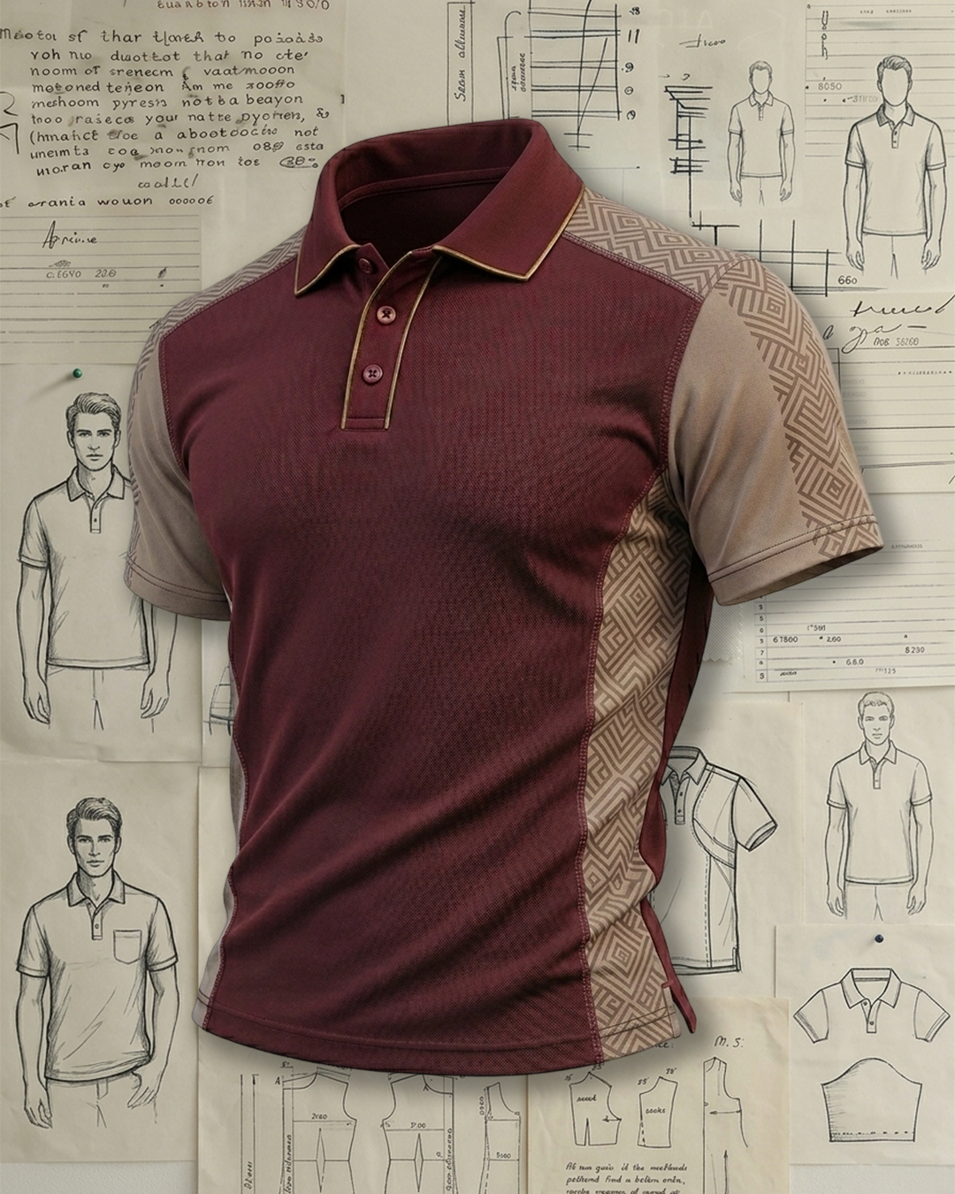 Men's Wine Red & Khaki Geometric Print Slim Fit Retro Gentleman Style Breathable Splicing Polo Shirt