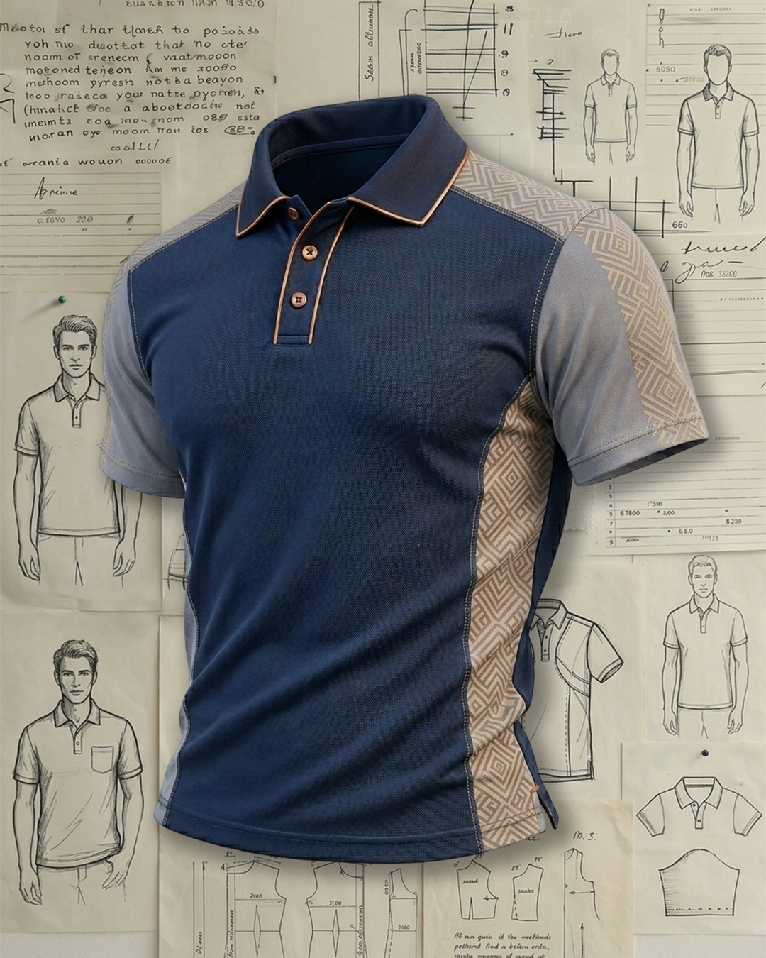 Men's Navy & Khaki Geometric Print Slim Fit Business Casual Style Breathable Splicing Polo Shirt