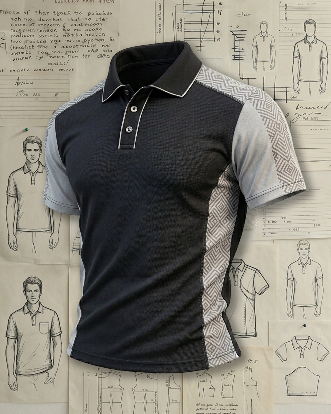 Men's Black & Light Gray Geometric Print Slim Fit Urban Casual Style Breathable Splicing Polo Shirt