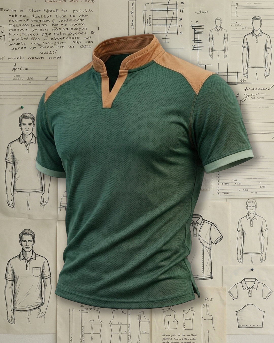 Men's Dark Green & Khaki Color Block Slim Fit Retro Casual Style Breathable Mesh Stand Collar Polo Shirt