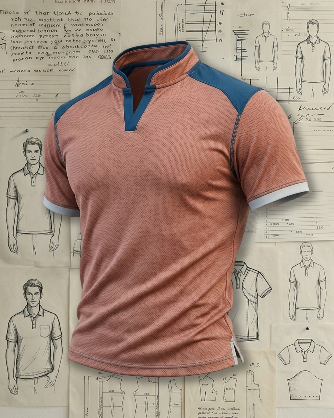 Men's Terracotta & Navy Color Block Slim Fit Sporty Casual Style Breathable Mesh Stand Collar Polo Shirt