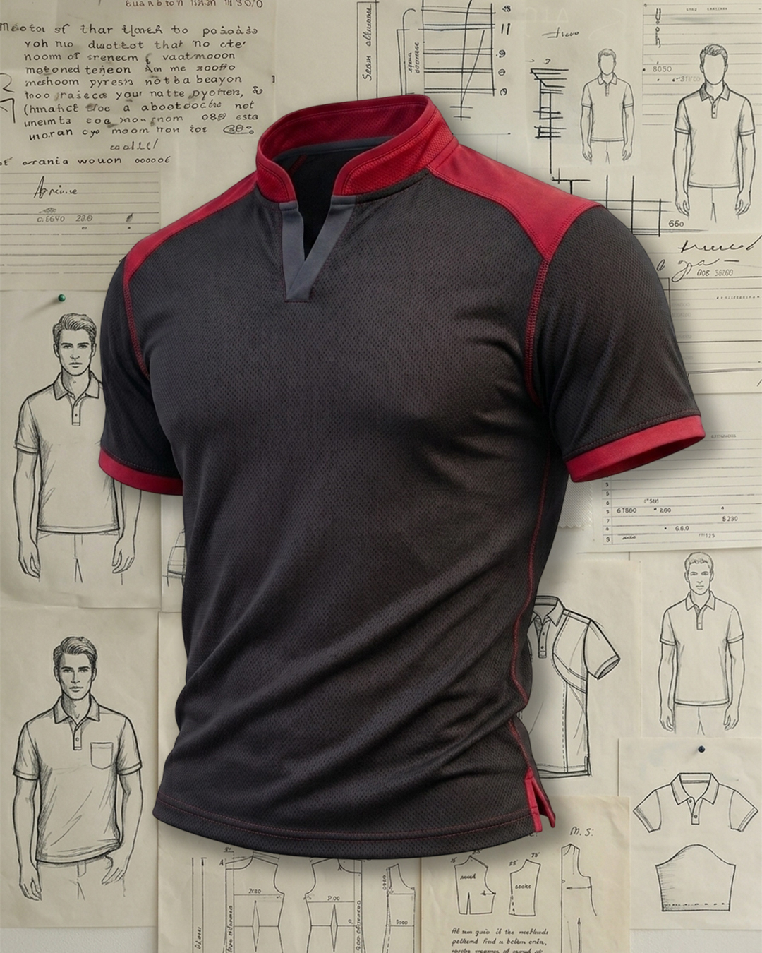 Men's Charcoal Black & Bright Red Color Block Slim Fit Dynamic Sporty Style Breathable Mesh Stand Collar Polo Shirt