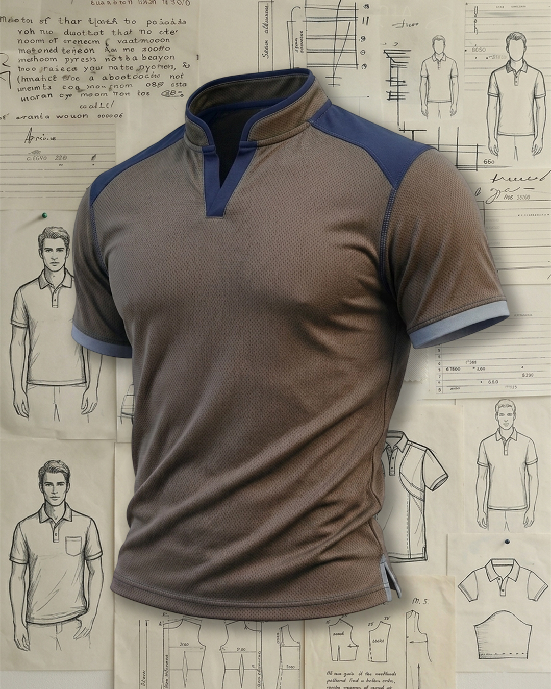 Men's Taupe & Navy Color Block Slim Fit Urban Casual Style Breathable Mesh Stand Collar Polo Shirt