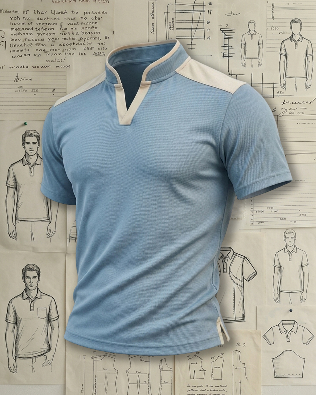 Men's Light Blue & Beige Color Block Slim Fit Old Money Casual Style Breathable Mesh Stand Collar Polo Shirt