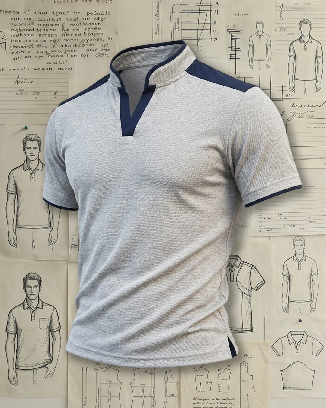 Men's Heather Gray & Navy Color Block Tailored Fit Business Casual Style Breathable Pique Stand Collar Polo Shirt
