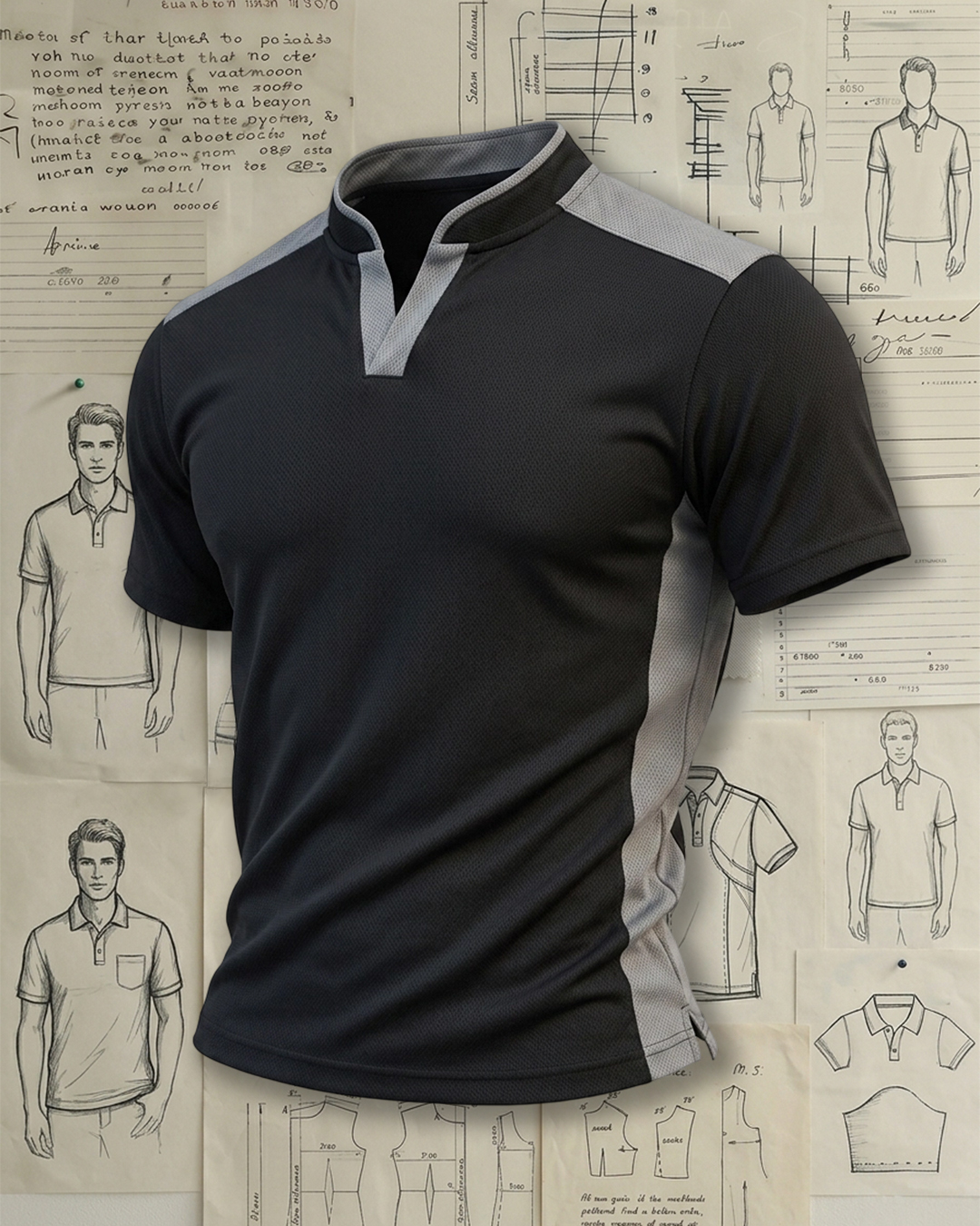 Men's Black & Light Gray Color Block Streamlined Fit Techwear Style Breathable Mesh Stand Collar Polo Shirt