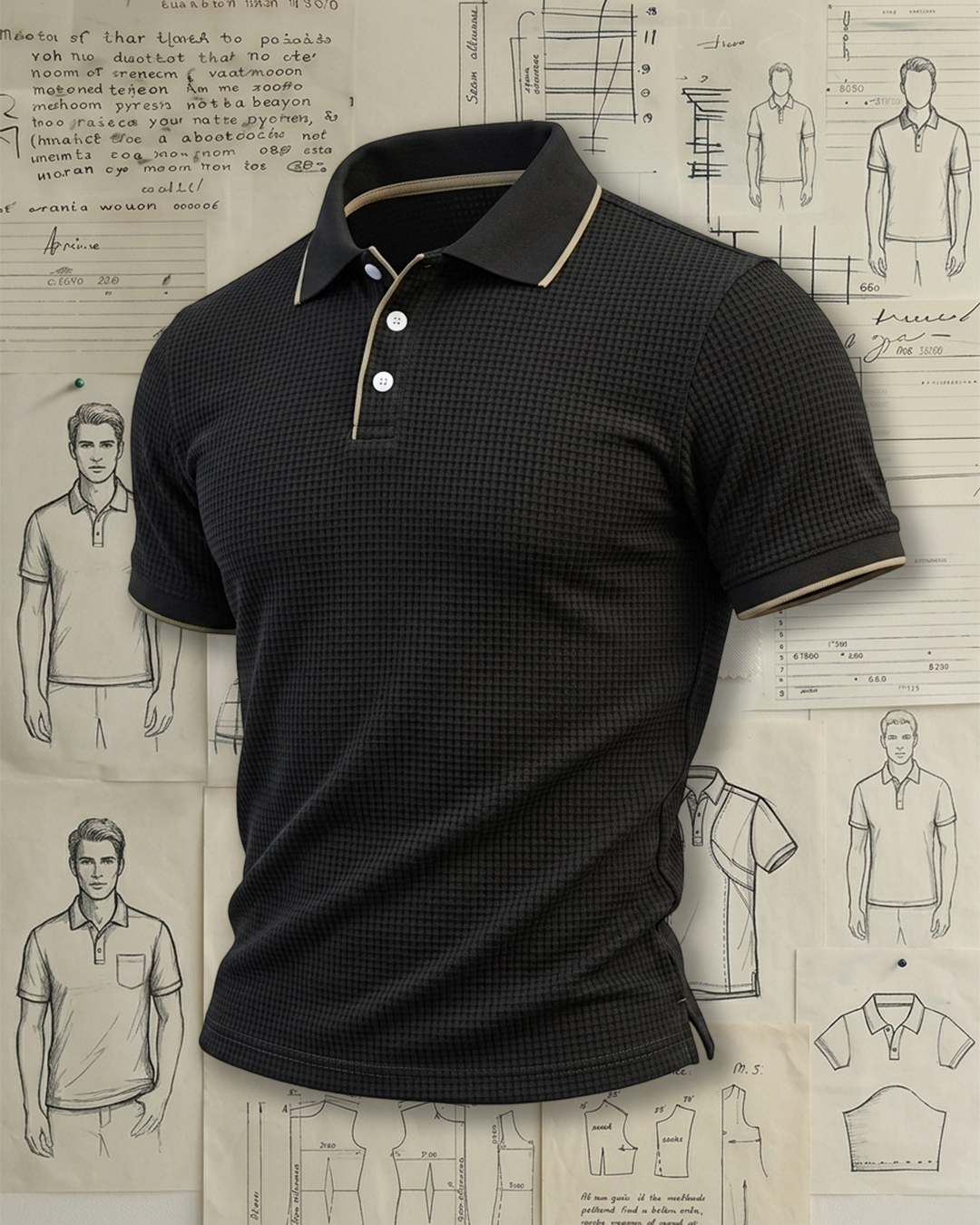 Men's Black & Beige Trim Waffle Textured Tailored Fit Old Money Style No Print Short Sleeve Polo Shirt