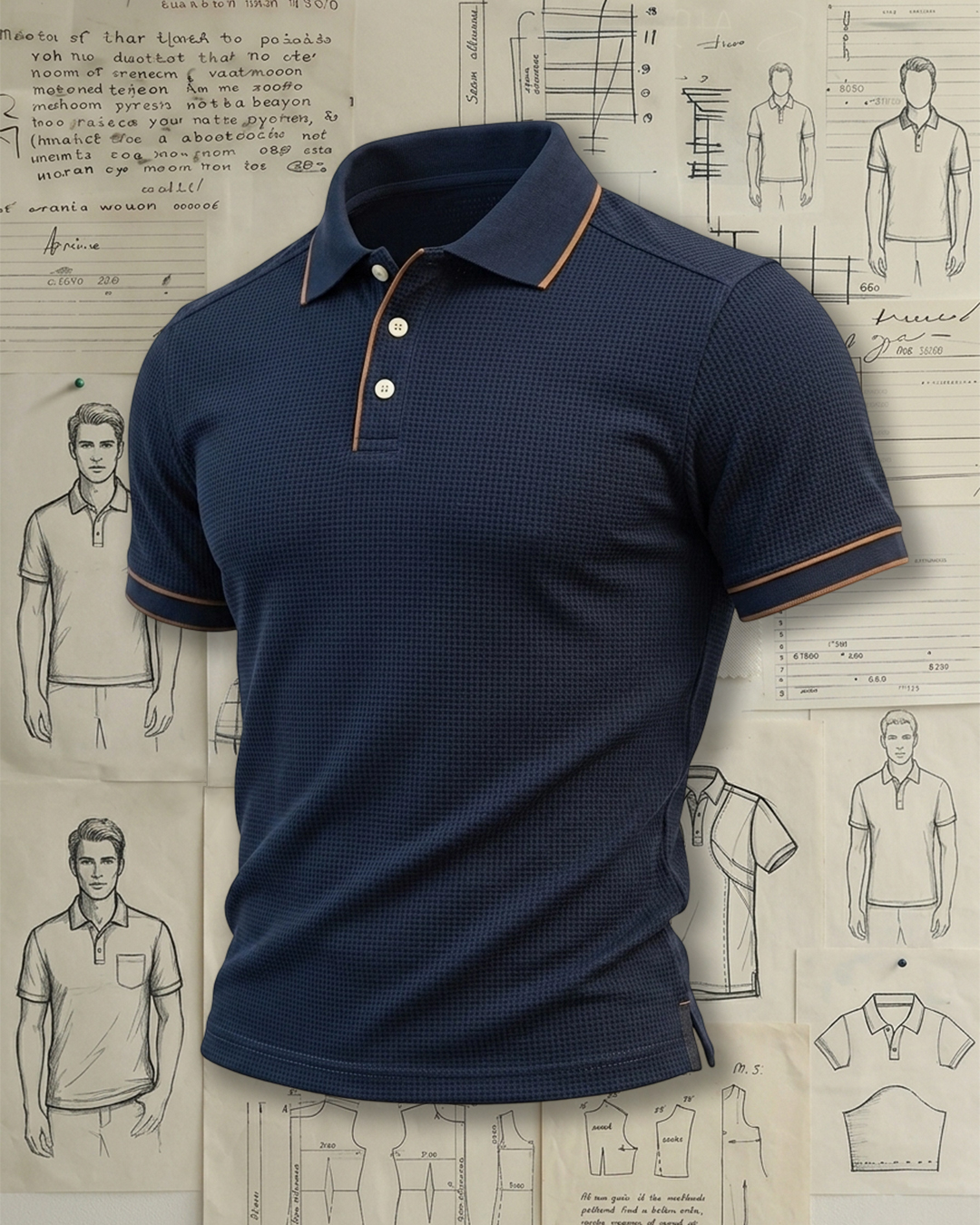Men's Navy & Camel Trim Waffle Textured Regular Fit Smart Casual Style No Print Short Sleeve Polo Shirt