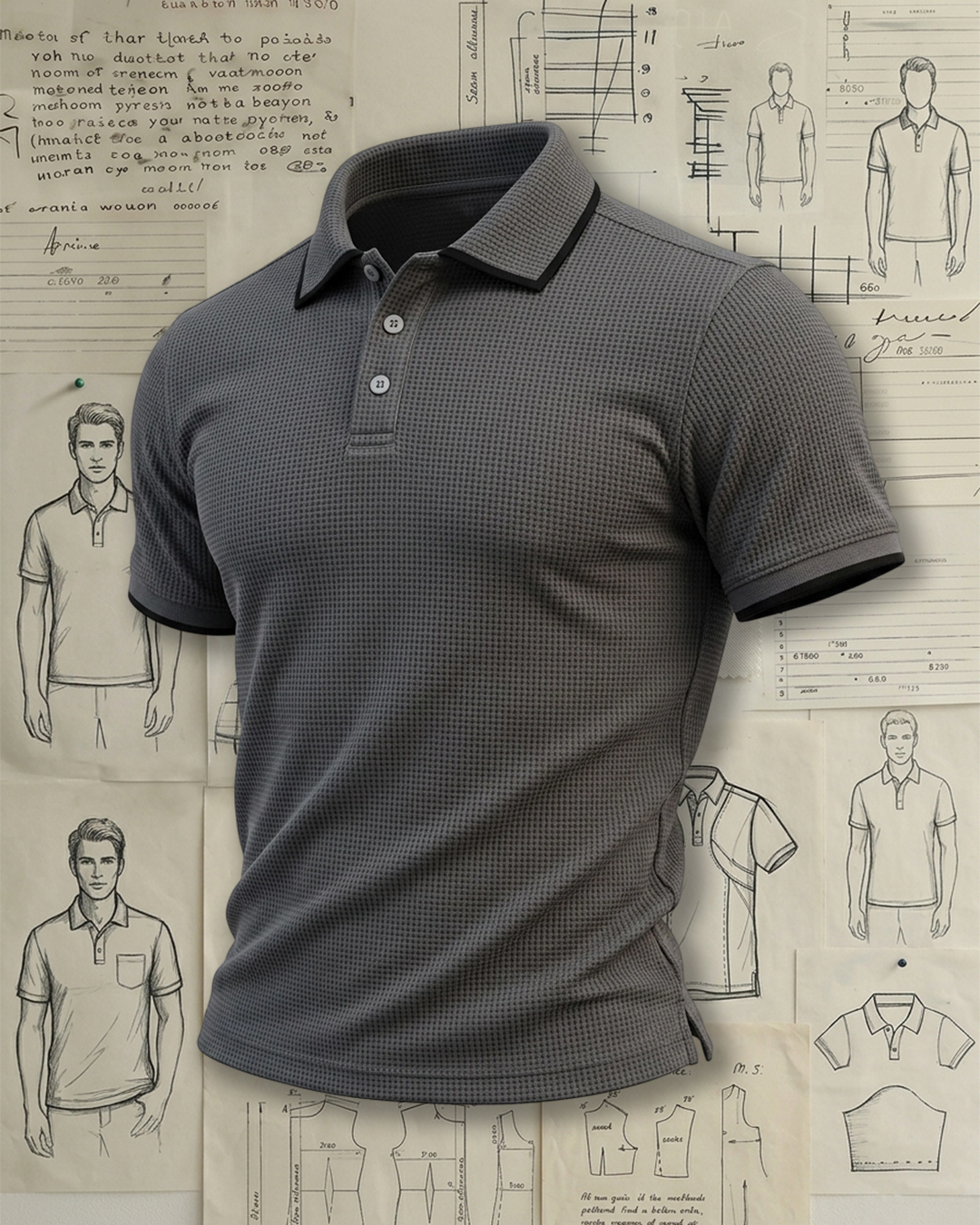 Men's Grey & Black Trim Waffle Knit Slim Fit Minimalist Urban Style No Print Short Sleeve Polo Shirt