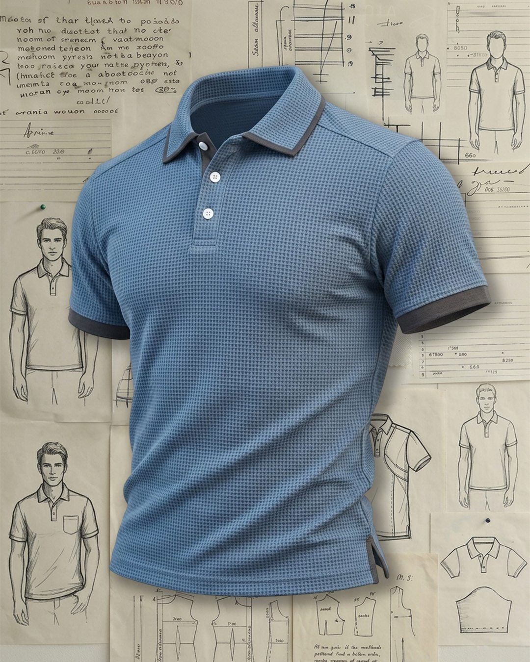 Men's Blue & Dark Grey Trim Waffle Knit Regular Fit Casual Urban Style No Print Short Sleeve Polo Shirt