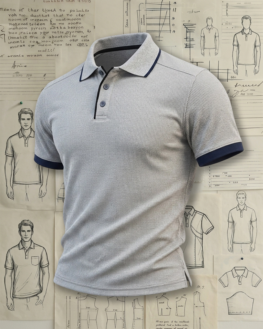 Men's Light Grey & Navy Trim Waffle Knit Slim Fit Smart Casual Style No Print Short Sleeve Polo Shirt