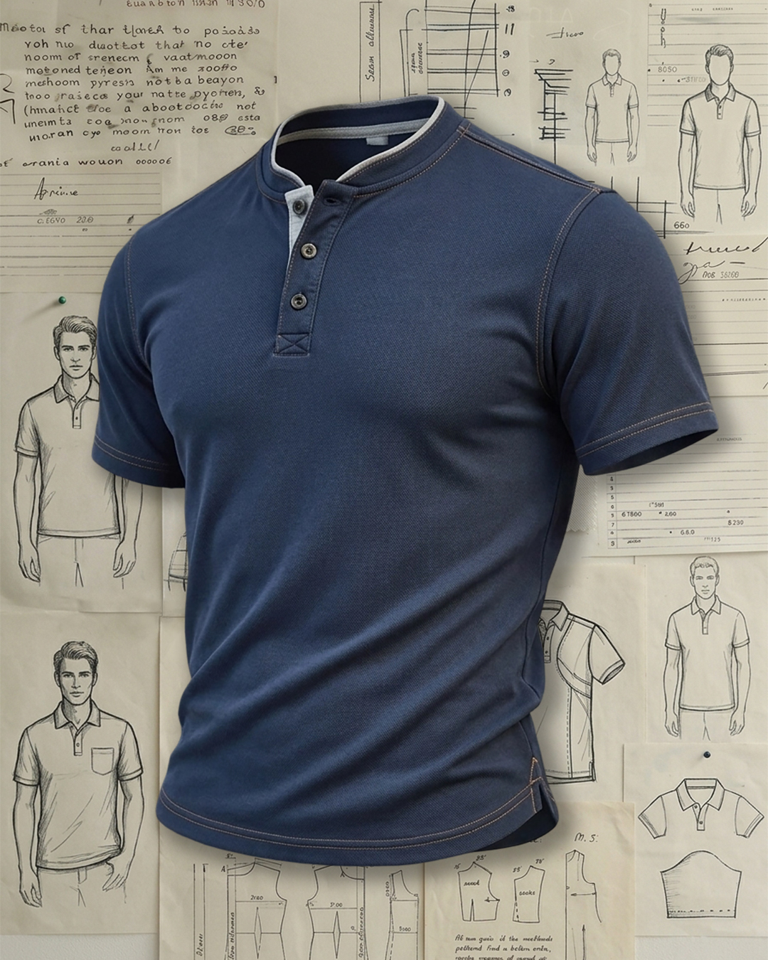 Men's Navy & Light Gray Placket Stitching Slim Fit Retro Casual Style No Print Short Sleeve Henley Polo Shirt