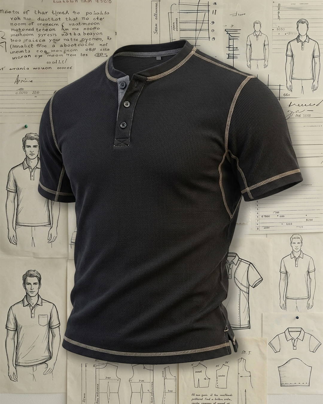 Men's Black & Khaki Contrast Stitching Slim Fit American Retro Style No Print Waffle Knit Henley Short Sleeve Polo Shirt