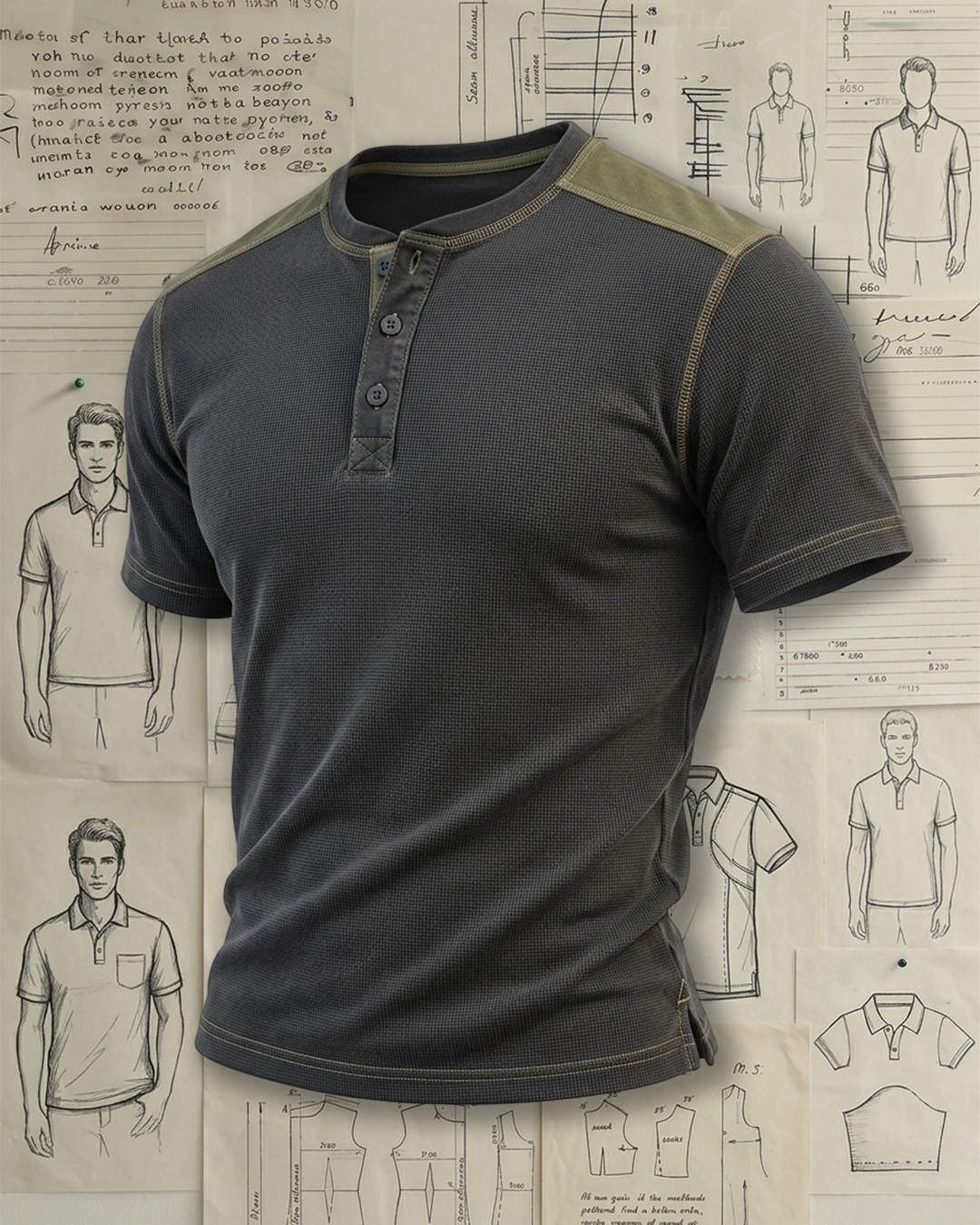 Men's Dark Gray & Olive Patchwork Slim Fit Amekaji Retro Style No Print Waffle Knit Henley Short Sleeve Polo Shirt