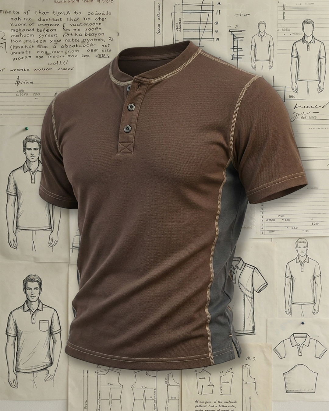 Men's Brown & Dark Gray Side Patch Slim Fit Old Money Style No Print Pique Henley Short Sleeve Polo Shirt