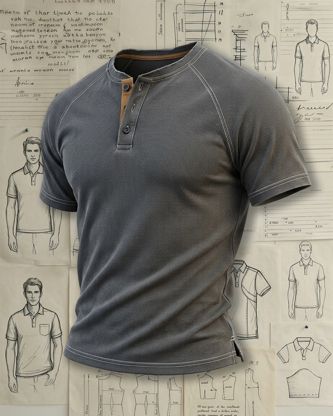 Men's Washed Dark Gray & Tan Trim Slim Fit Workwear Style No Print Waffle Knit Raglan Henley Short Sleeve Polo Shirt