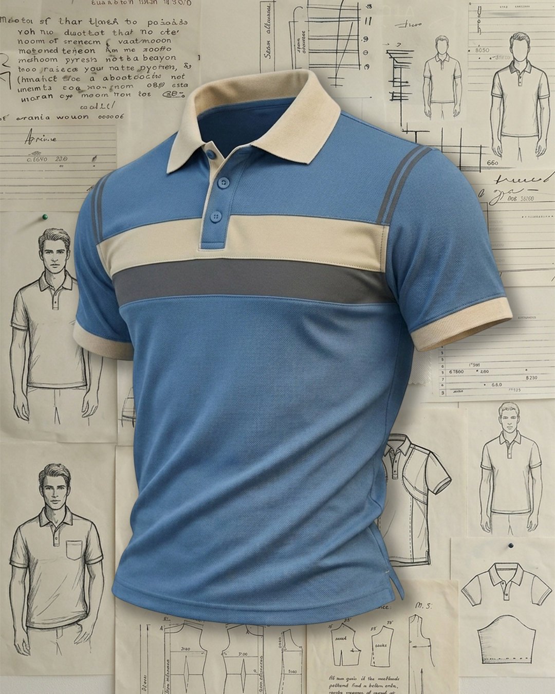 Men's Blue Beige & Gray Stripe Slim Fit Retro Casual Style No Print Breathable Pique Short Sleeve Polo Shirt