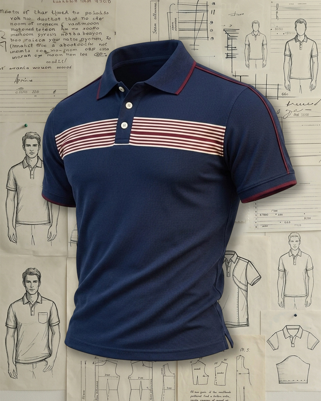 Men's Navy Maroon & White Stripe Slim Fit Smart Casual Style No Print Pique Short Sleeve Polo Shirt