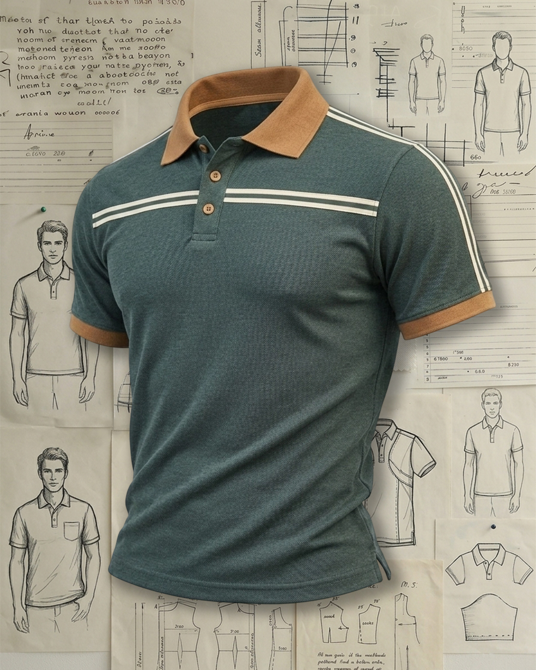 Men's Heather Teal Tan & White Stripe Regular Fit Retro Old Money Style No Print Breathable Pique Short Sleeve Polo Shirt