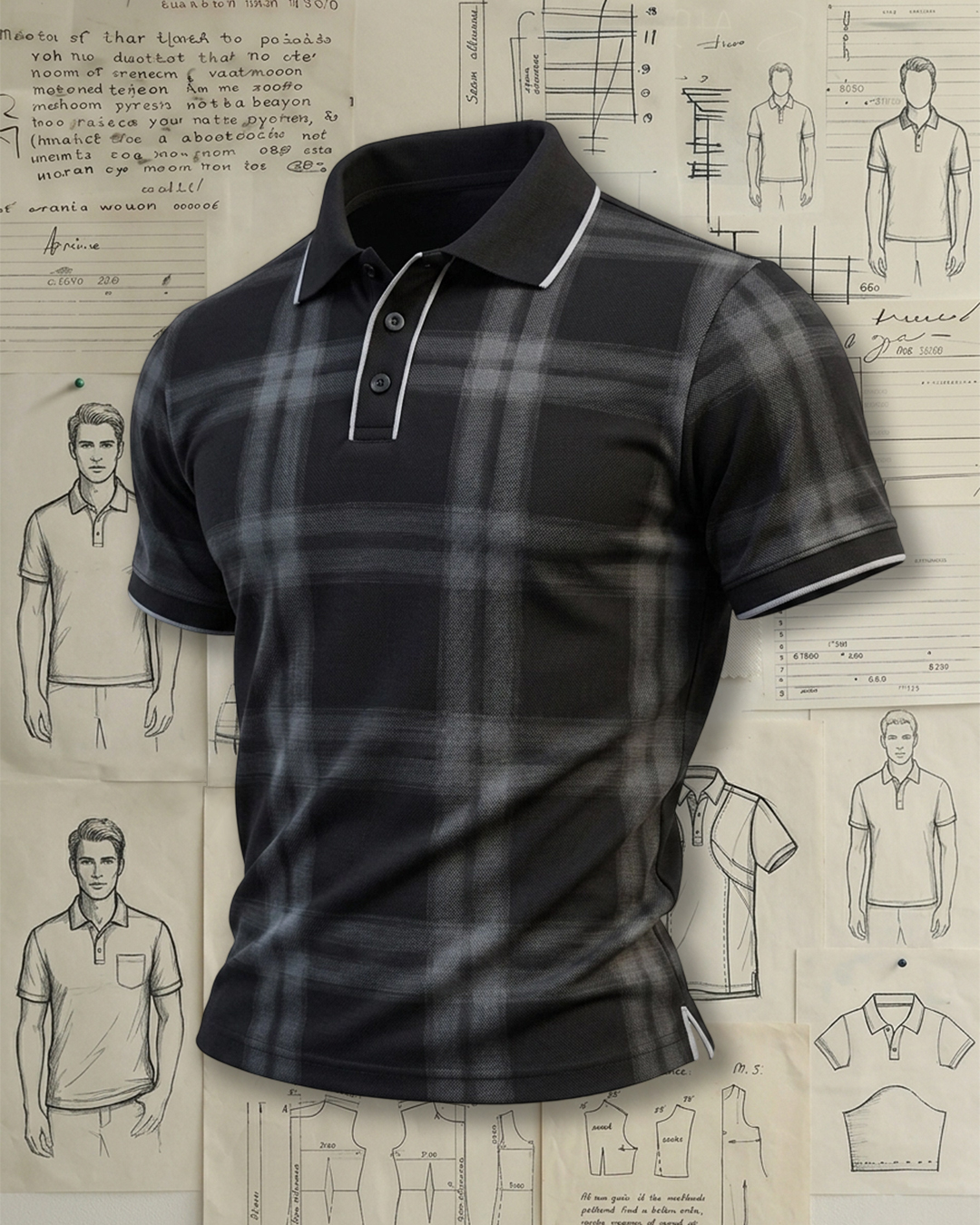 Men's Black & Gray Plaid Slim Fit Urban Smart Style No Print Pique Short Sleeve Polo Shirt