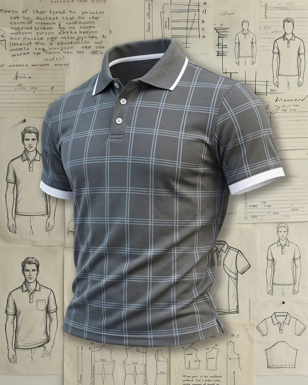 Men's Dark Gray Light Blue Plaid Slim Fit Smart Casual Style No Print Breathable Pique Short Sleeve Polo Shirt