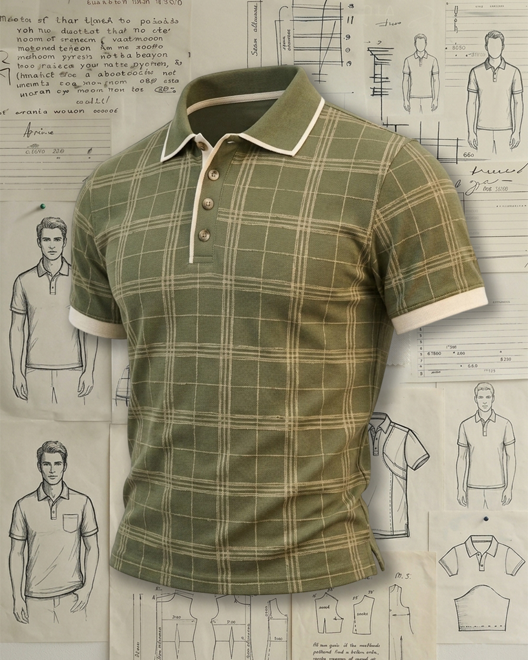 Men's Olive Green Beige Plaid Tailored Fit Retro Casual Style No Print Soft Pique Short Sleeve Polo Shirt