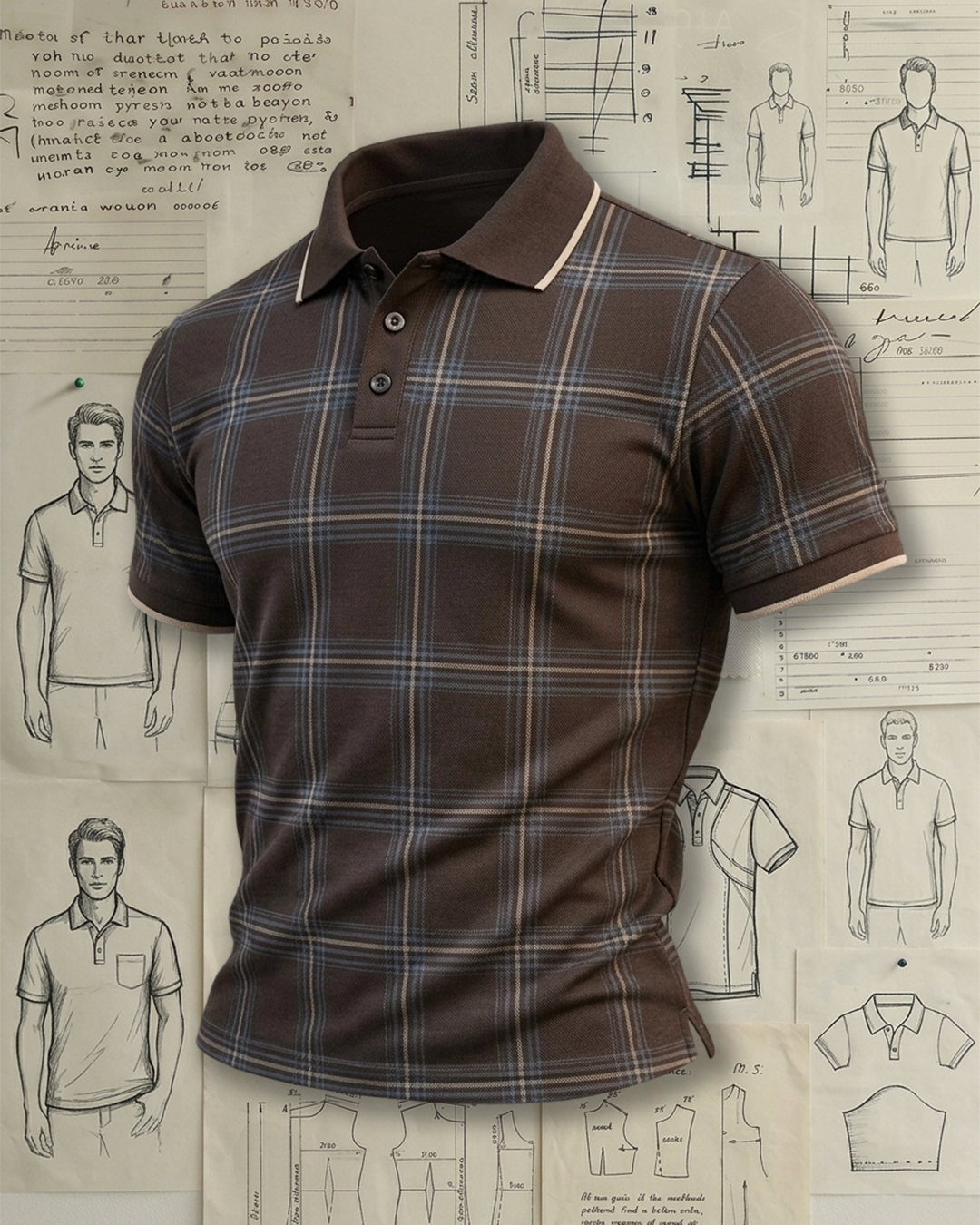 Men's Dark Brown Blue Beige Plaid Slim Fit Urban Business Style No Print Breathable Pique Short Sleeve Polo Shirt