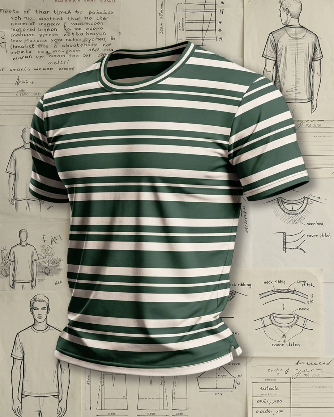 Men's Dark Green Beige Stripe Regular Fit Daily Casual Style No Print Breathable Crew Neck Short Sleeve T-shirt