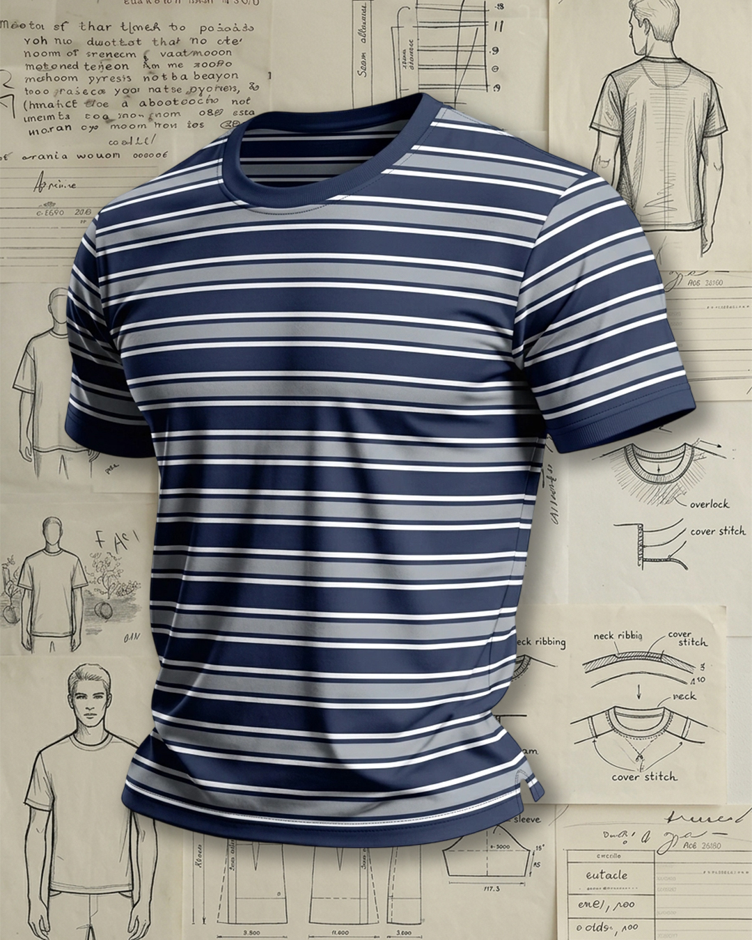 Men's Navy Blue Gray White Stripe Athletic Fit Nautical Casual Style No Print Quick-dry Crew Neck Short Sleeve T-shirt