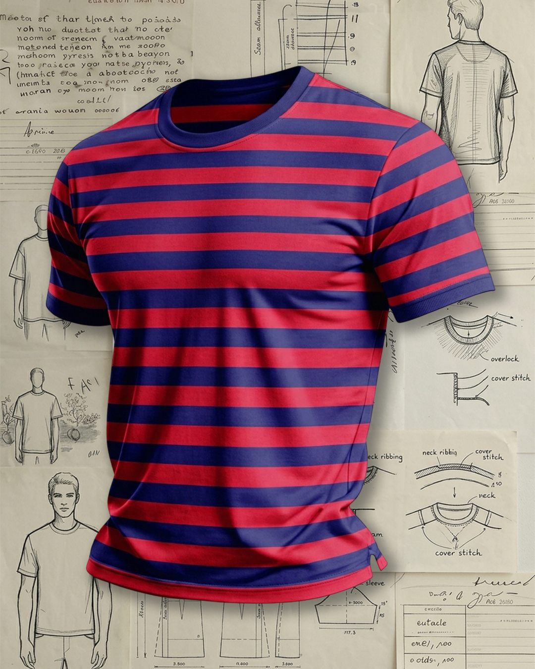 Men's Navy Red Bold Stripe Slim Fit Retro Street Style No Print Soft Knit Crew Neck Short Sleeve T-shirt