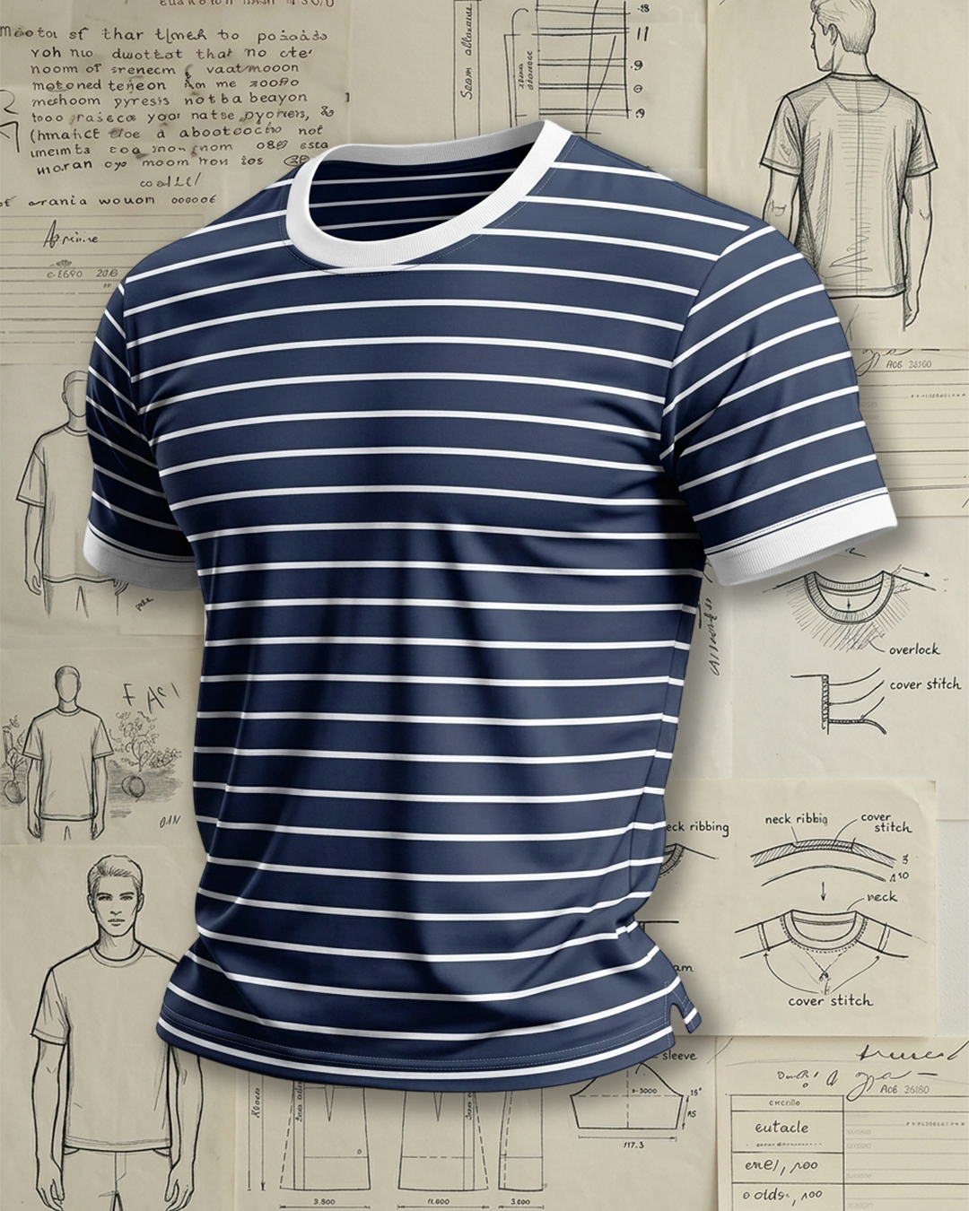 Men's Navy White Thin Stripe Classic Regular Fit Nautical Preppy Style No Print Breathable Crew Neck Short Sleeve T-shirt